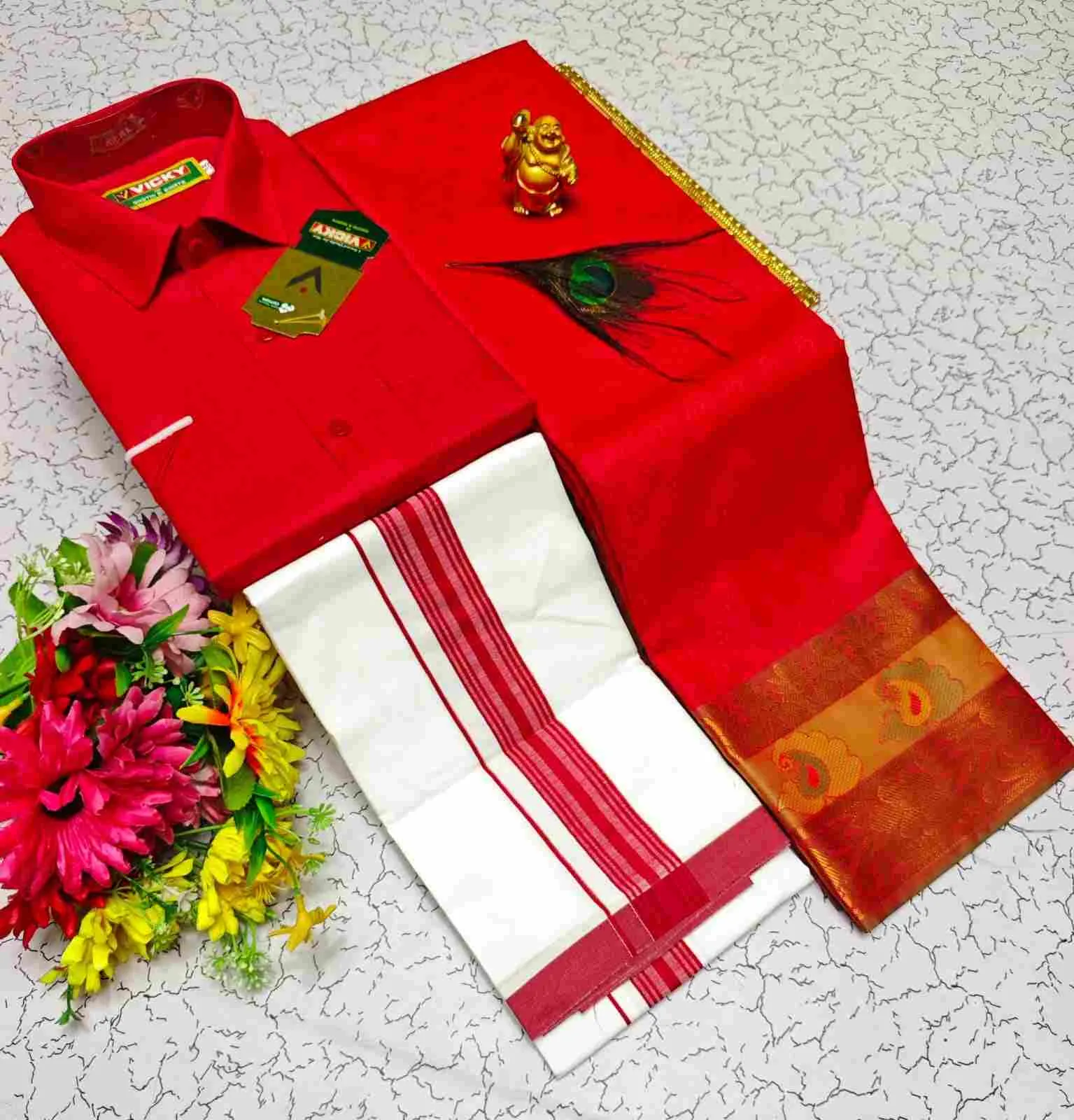 Mayil Red Orange Contrast Karizma Silk Couple Combo